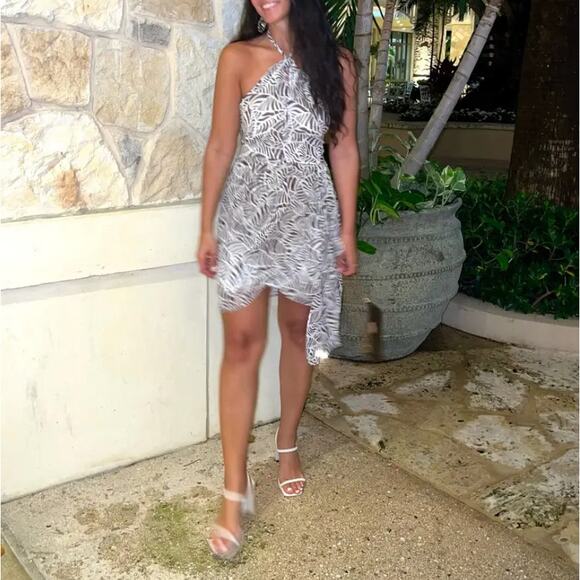 Toccin Brown White Chiffon Mini Dress Size 2 Vacation Halter Smock Designer $445 - Picture 12 of 15